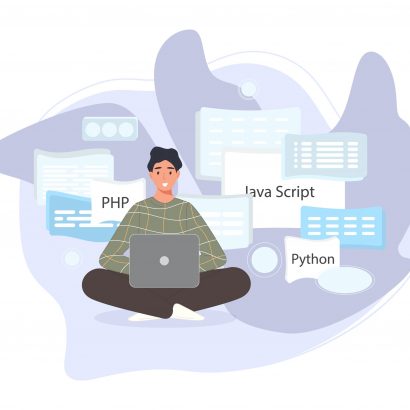 Software developers working of script coding. Engineer character programming in php, python, javascript, other languages. Vector illustration coder concept
